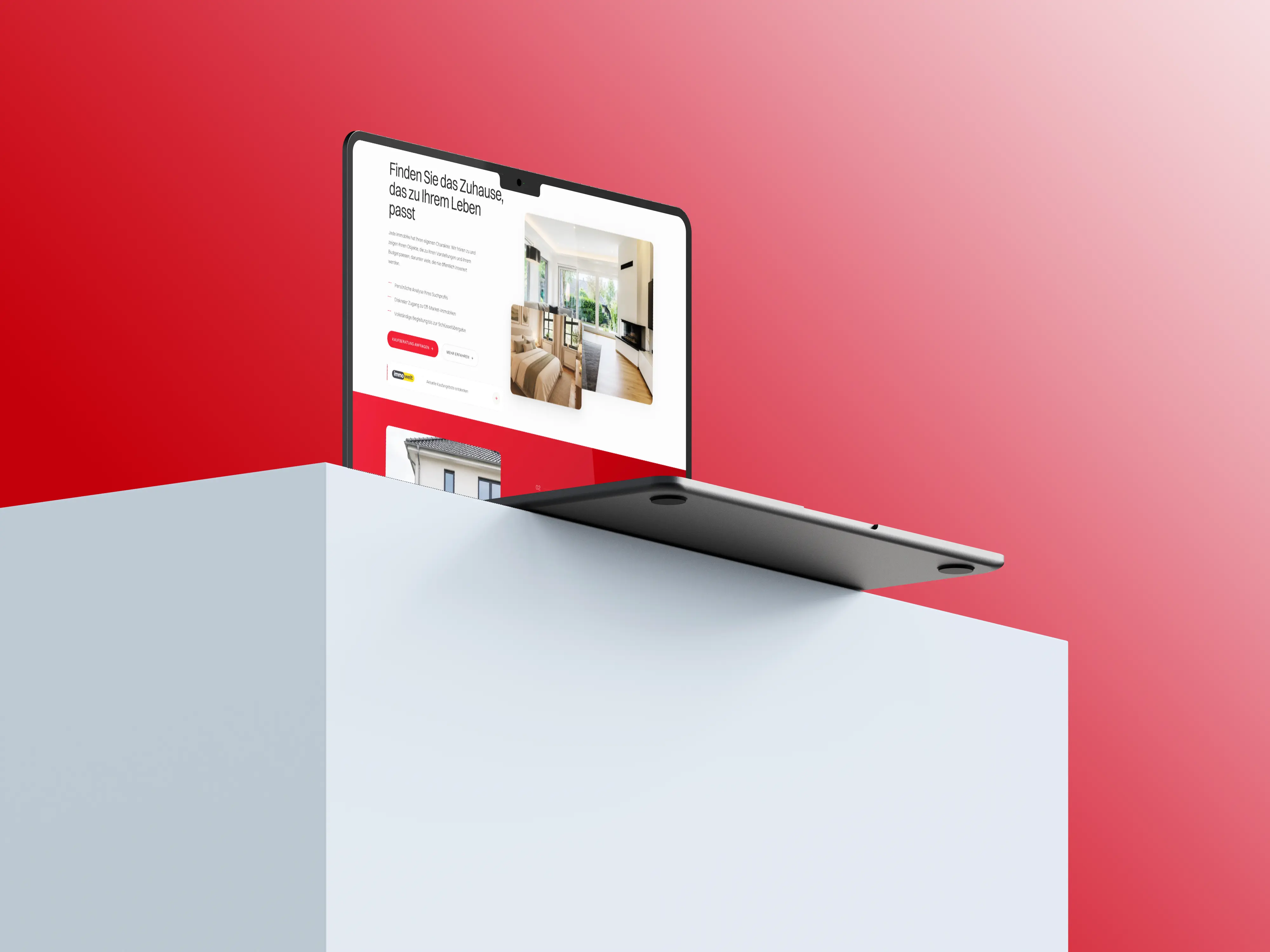 Abschnitt Finden Sie das Zuhause, das zu Ihrem Leben passt von Limpert Immobilien auf einem Laptop vor rotem Grund