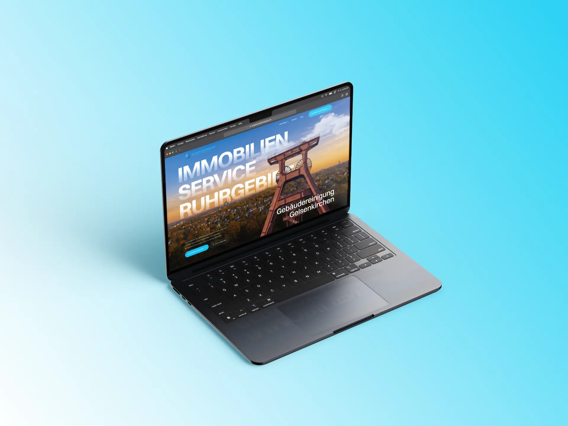 Startseite von ISR Gebäudereinigung mit dem Ruhrgebiet im Titelbild auf einem Laptop