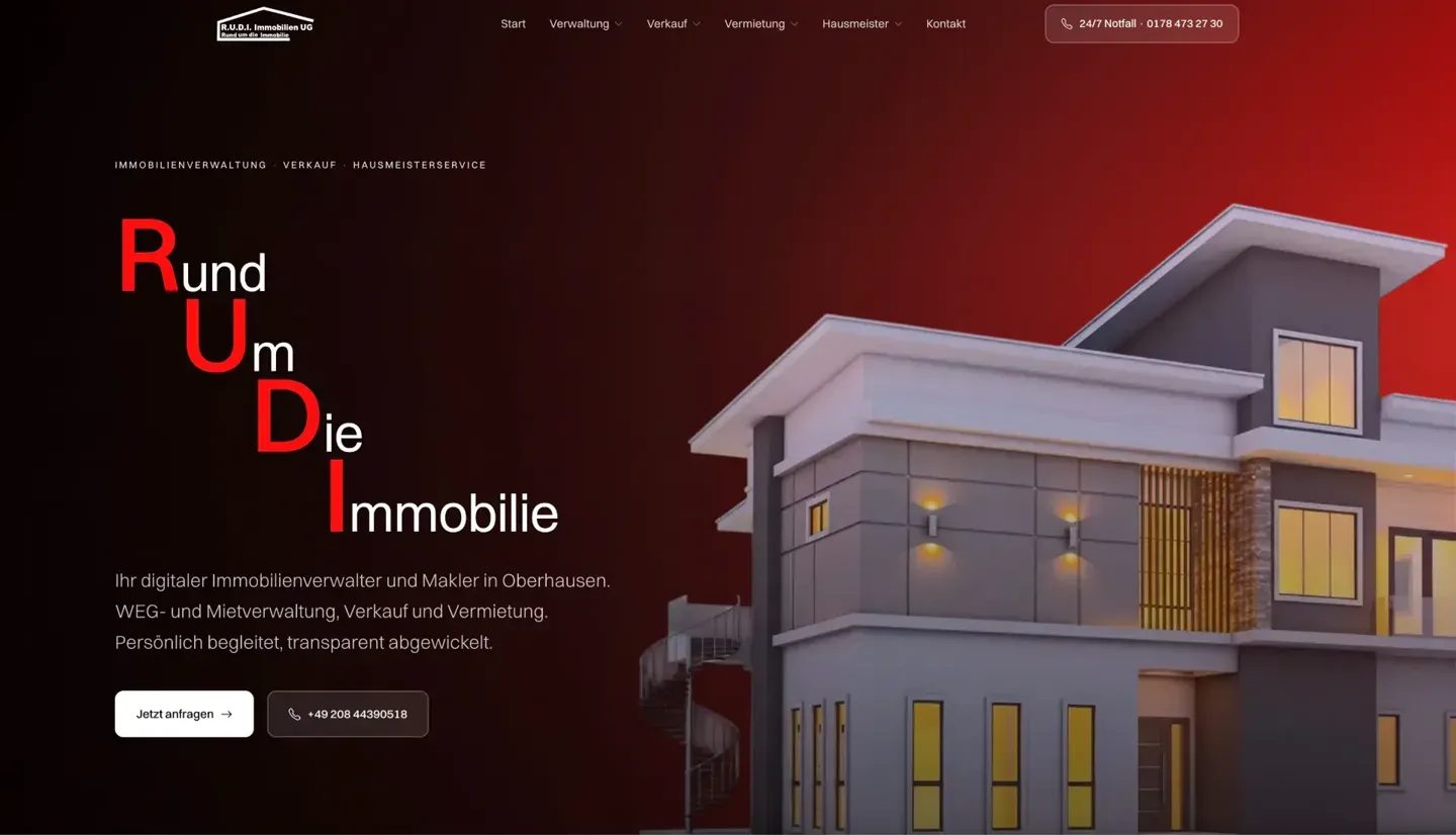 Startseite von Rudi Immobilien aus Oberhausen mit der Überschrift Rund um die Immobilie, Anfrageknopf und einem modernen Wohnhaus