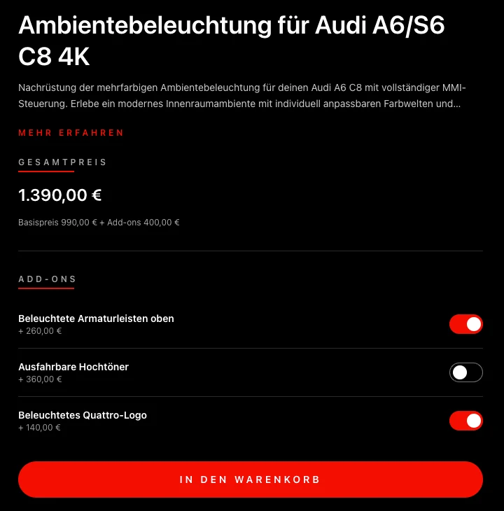 Kaufbereich einer Produktseite im Onlineshop von VIP Performance: Ambientebeleuchtung mit dem Gesamtpreis 1.390,00 €, drei zuschaltbaren Add-ons und dem Knopf In den Warenkorb