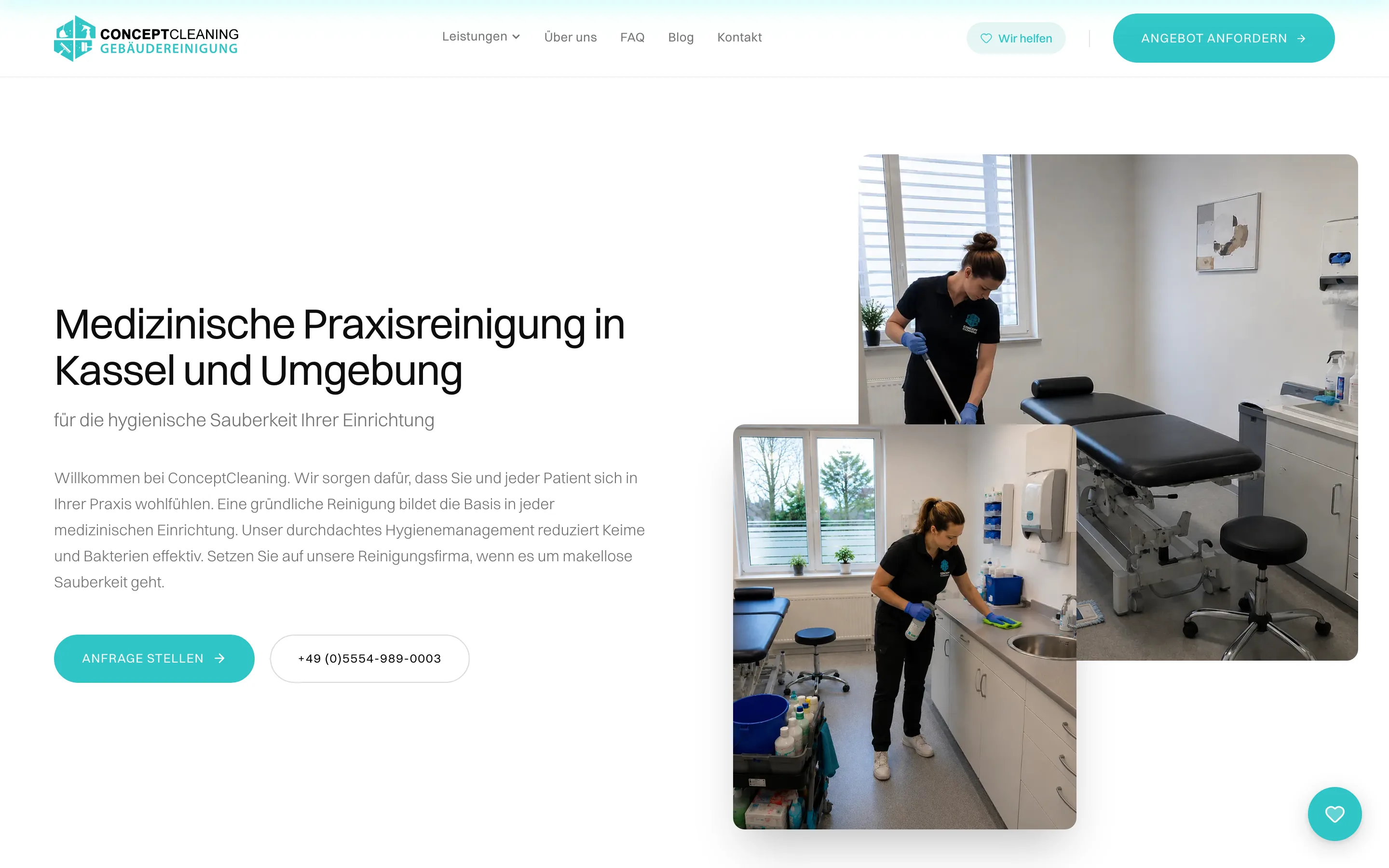 Stadtseite von Concept Cleaning zur medizinischen Praxisreinigung in Kassel mit Überschrift, Einleitung, Anfrageknopf und Telefonnummer, daneben zwei Fotos einer Reinigungskraft in einer Arztpraxis