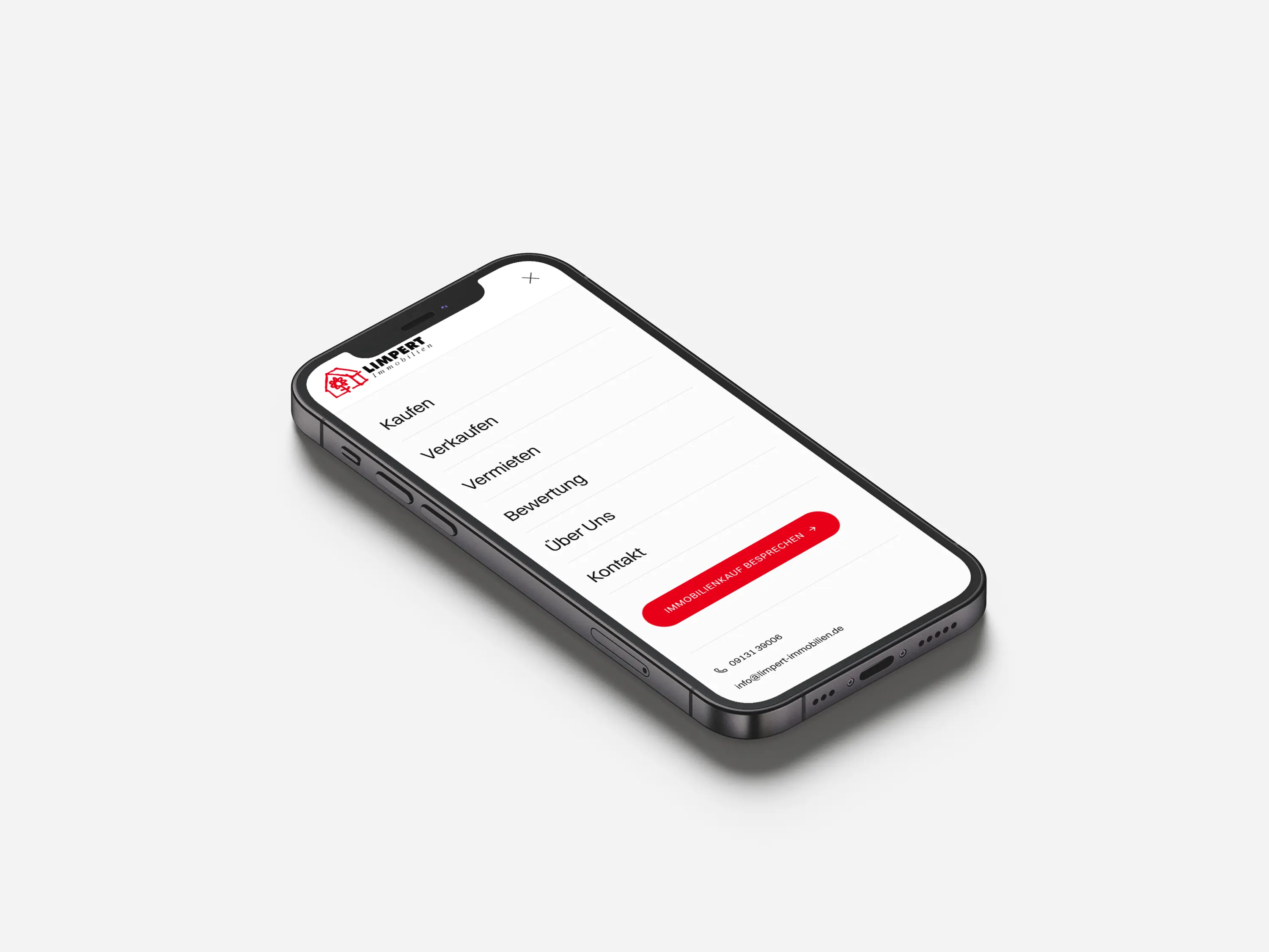 Geöffnetes Menü von Limpert Immobilien mit Kaufen, Verkaufen, Vermieten, Bewertung, Über uns und Kontakt auf einem Smartphone