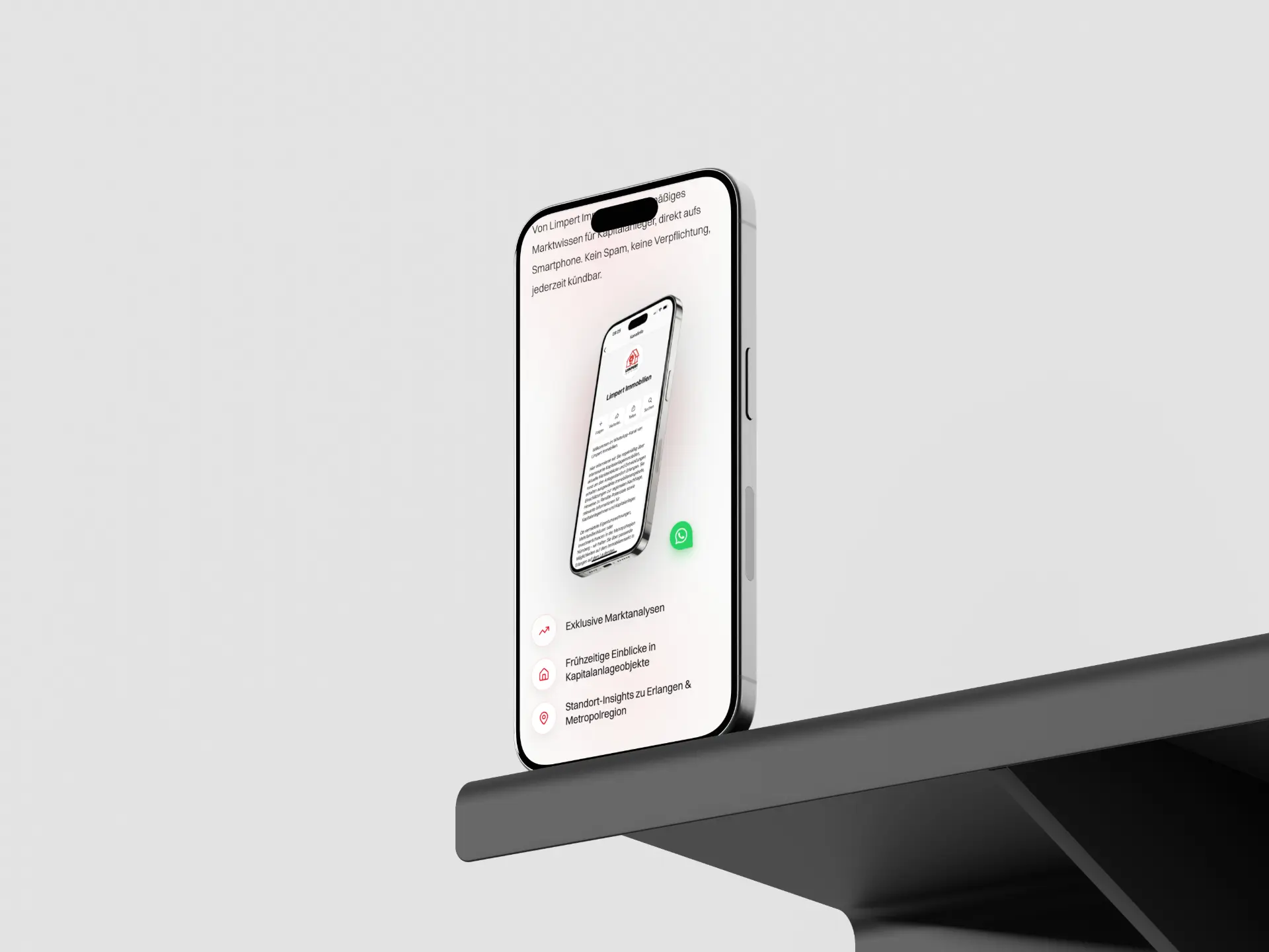 Abschnitt mit exklusiven Marktanalysen von Limpert Immobilien auf einem Smartphone auf einem dunklen Regal