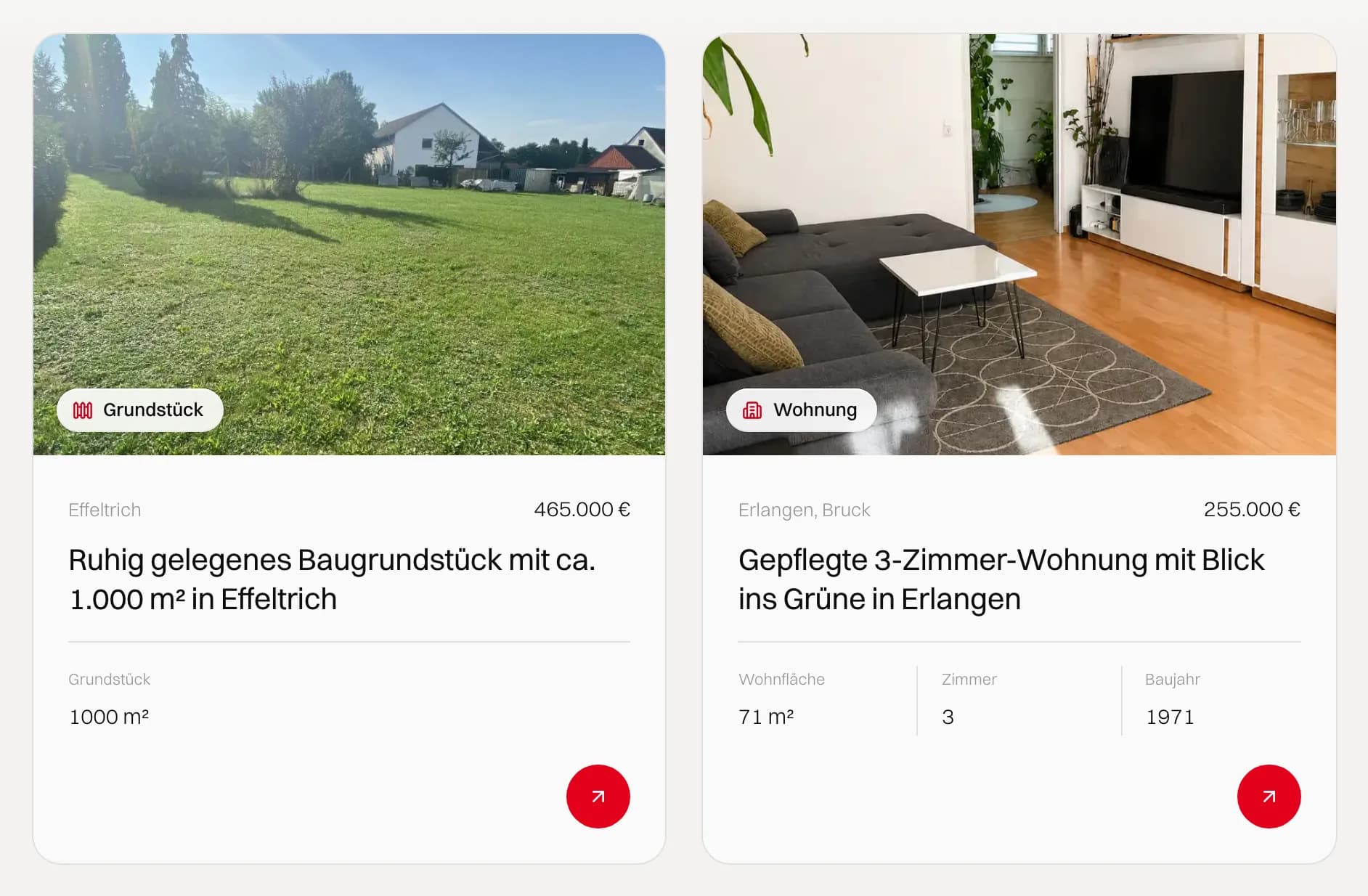 Zwei Objektkarten aus den aktuellen Angeboten von Limpert Immobilien, ein Baugrundstück und eine 3-Zimmer-Wohnung, jeweils mit Foto, Ort, Preis und Eckdaten