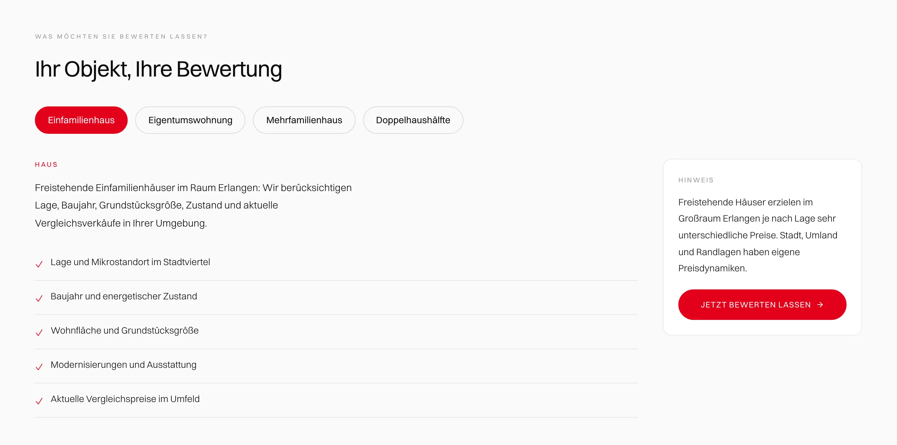 Bewertungsseite von Limpert Immobilien mit vier Reitern für die Objektarten, gewählt ist Einfamilienhaus, darunter fünf Kriterien mit Häkchen