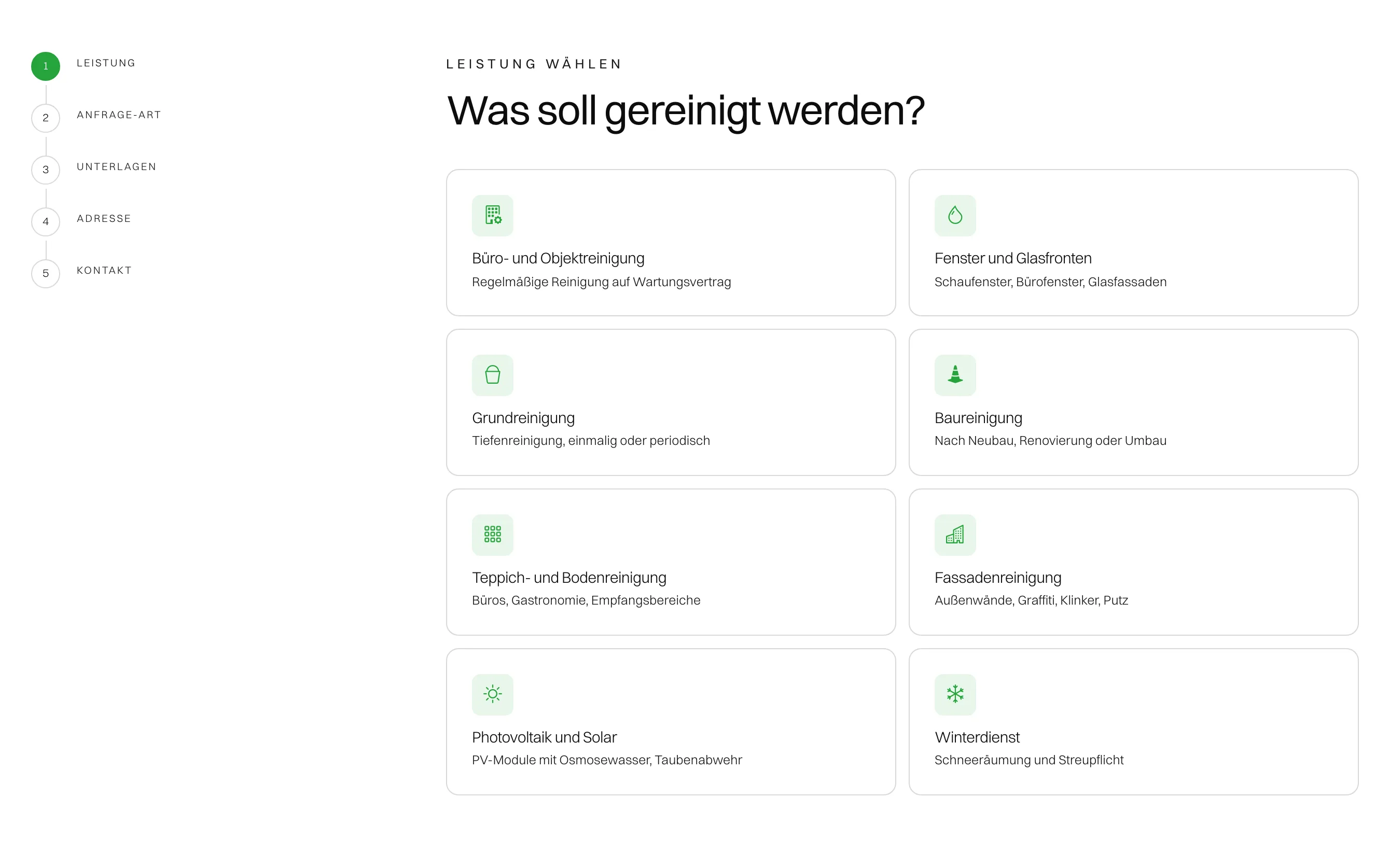 Erster Schritt der Anfrage von Pureco mit der Frage, was gereinigt werden soll, acht Kacheln zur Wahl und den fünf Schritten der Anfrage am Rand