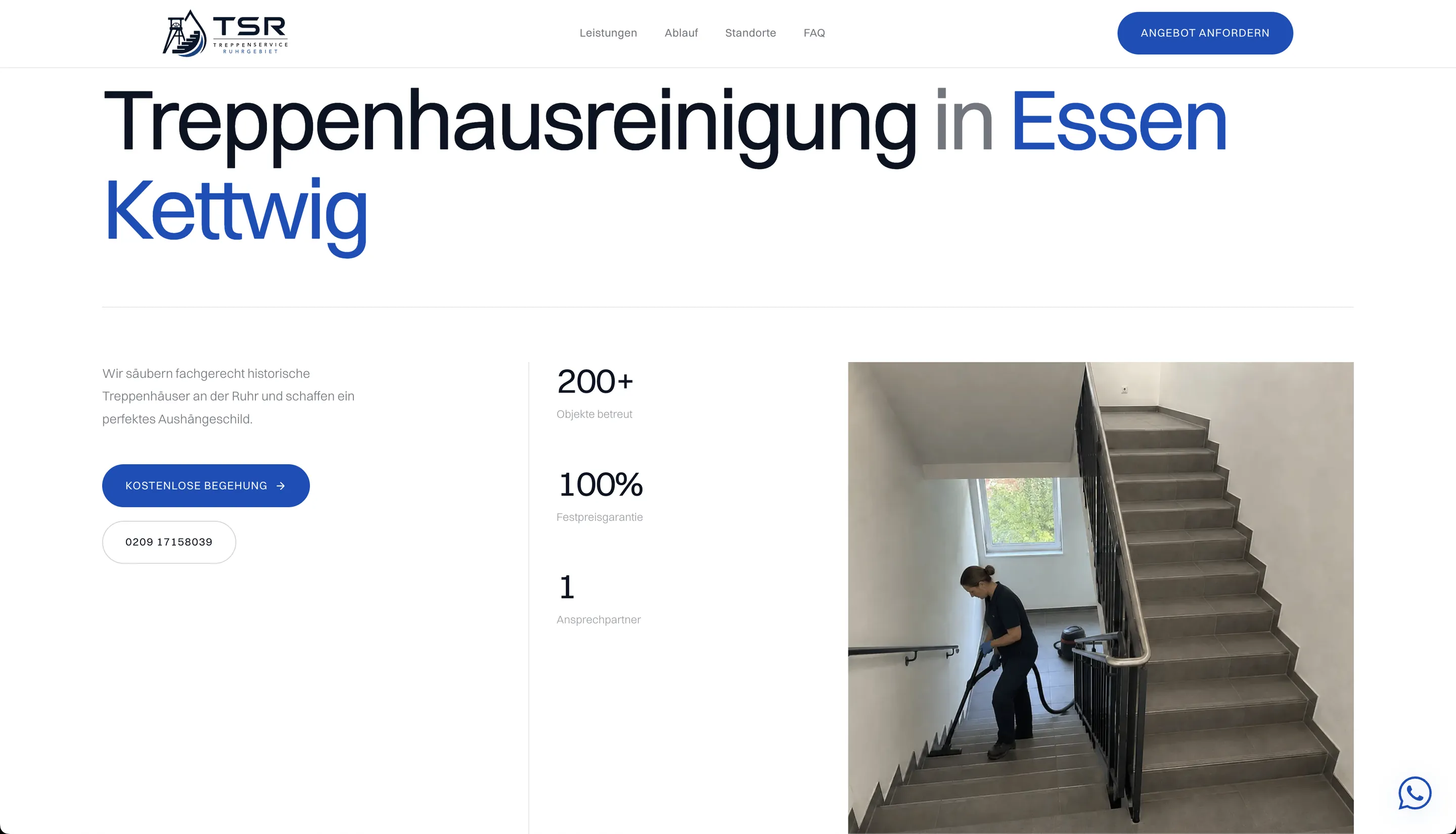 Stadtteilseite von TSR Treppenservice mit der Überschrift Treppenhausreinigung in Essen Kettwig und einem Foto aus einem Treppenhaus bei der Reinigung