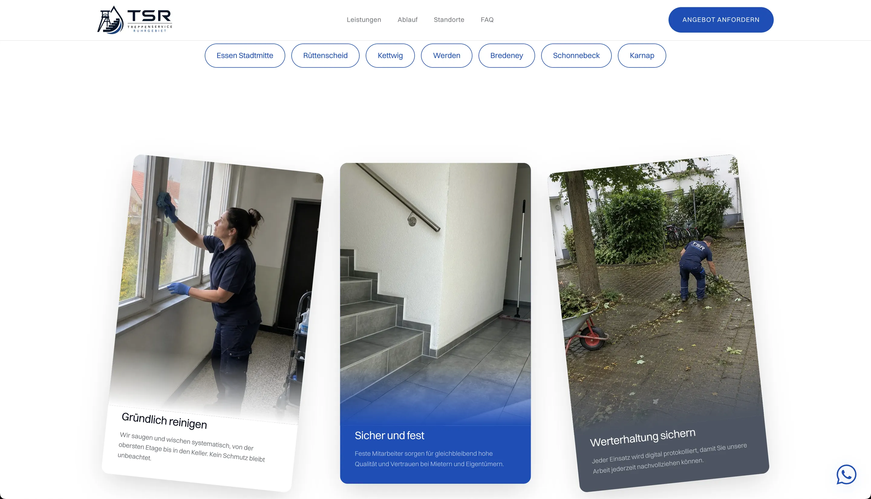 Startseite von TSR Treppenservice mit sieben Stadtteilen zur Auswahl über drei Karten mit Bildern aus den Objekten