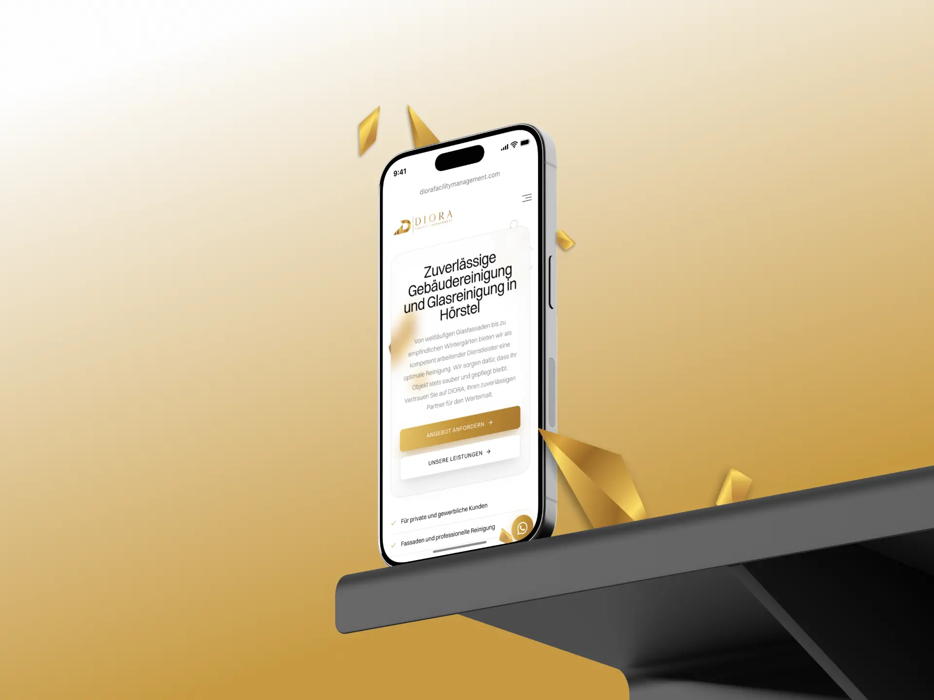 Website von Diora Facility Management in der mobilen Ansicht auf einem Smartphone
