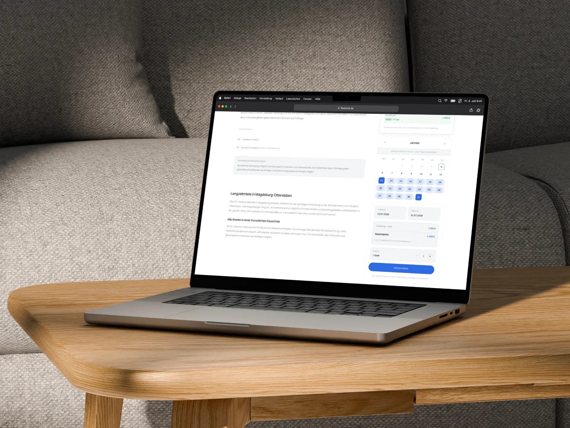 Wohnungsseite von Fewo MD mit Kalender und Gesamtpreis für den gewählten Zeitraum auf einem Laptop