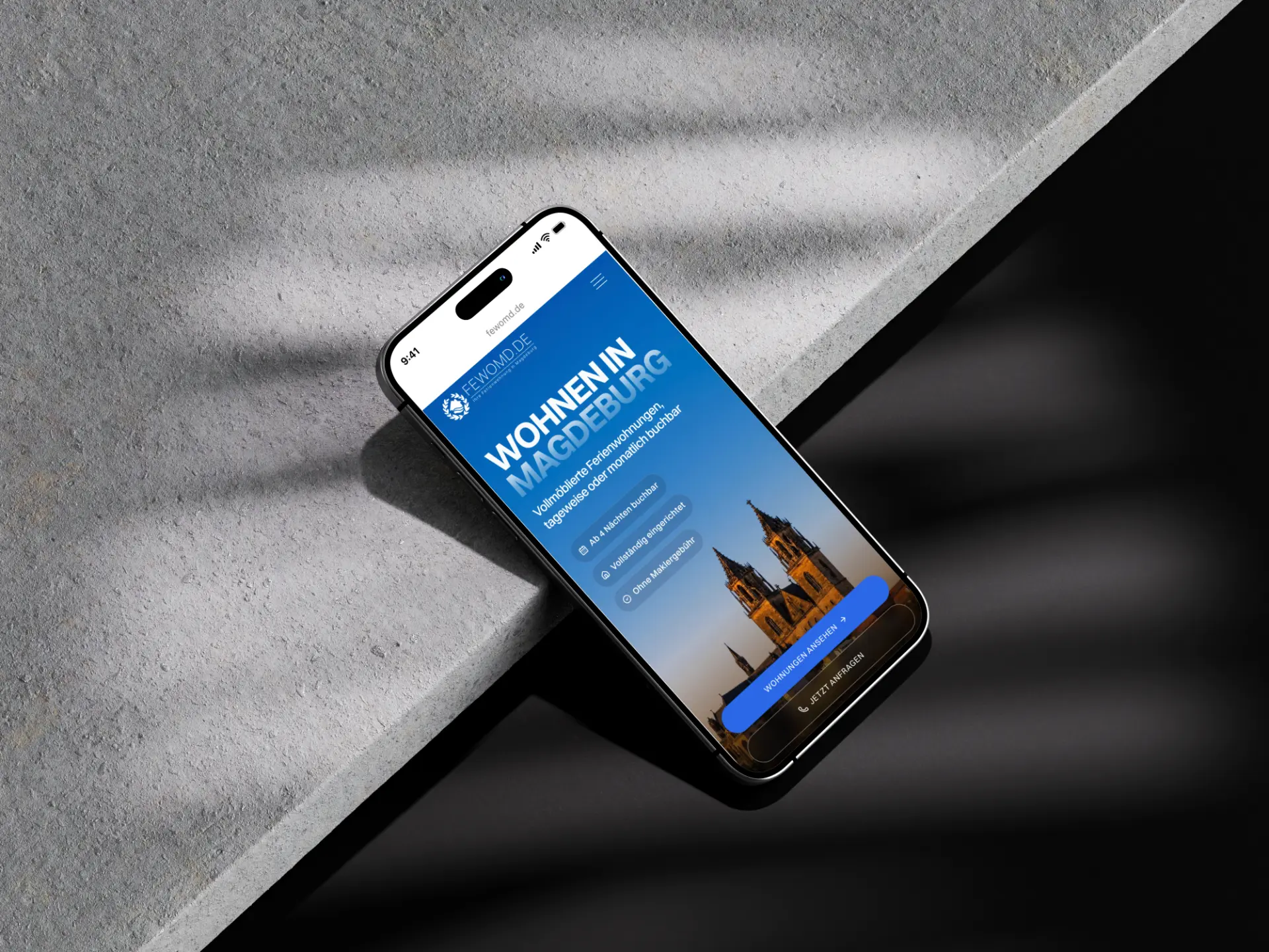 Startseite von Fewo MD in der mobilen Ansicht auf einem Smartphone
