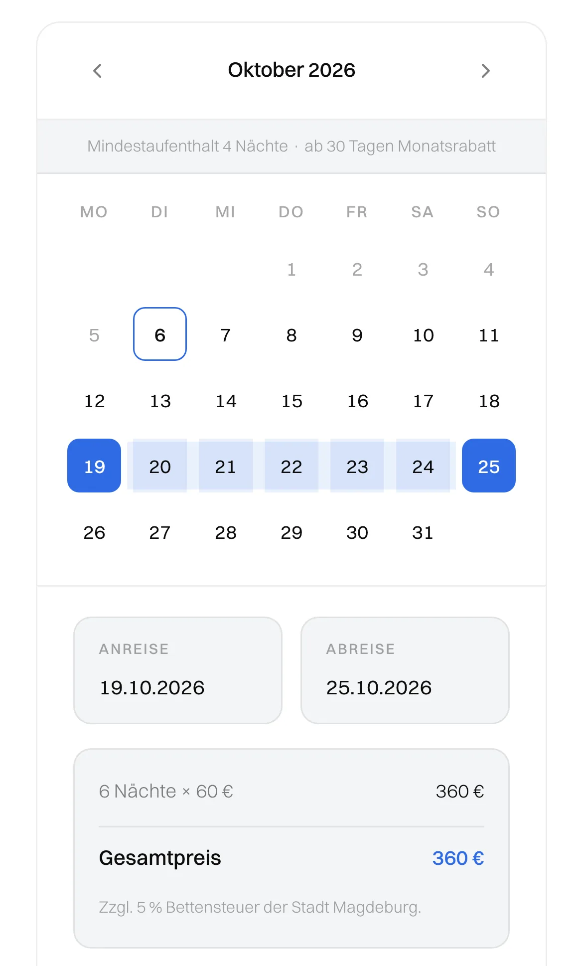 Buchungskalender von Fewo MD in der mobilen Ansicht mit gewähltem Zeitraum über sechs Nächte und dem Gesamtpreis darunter