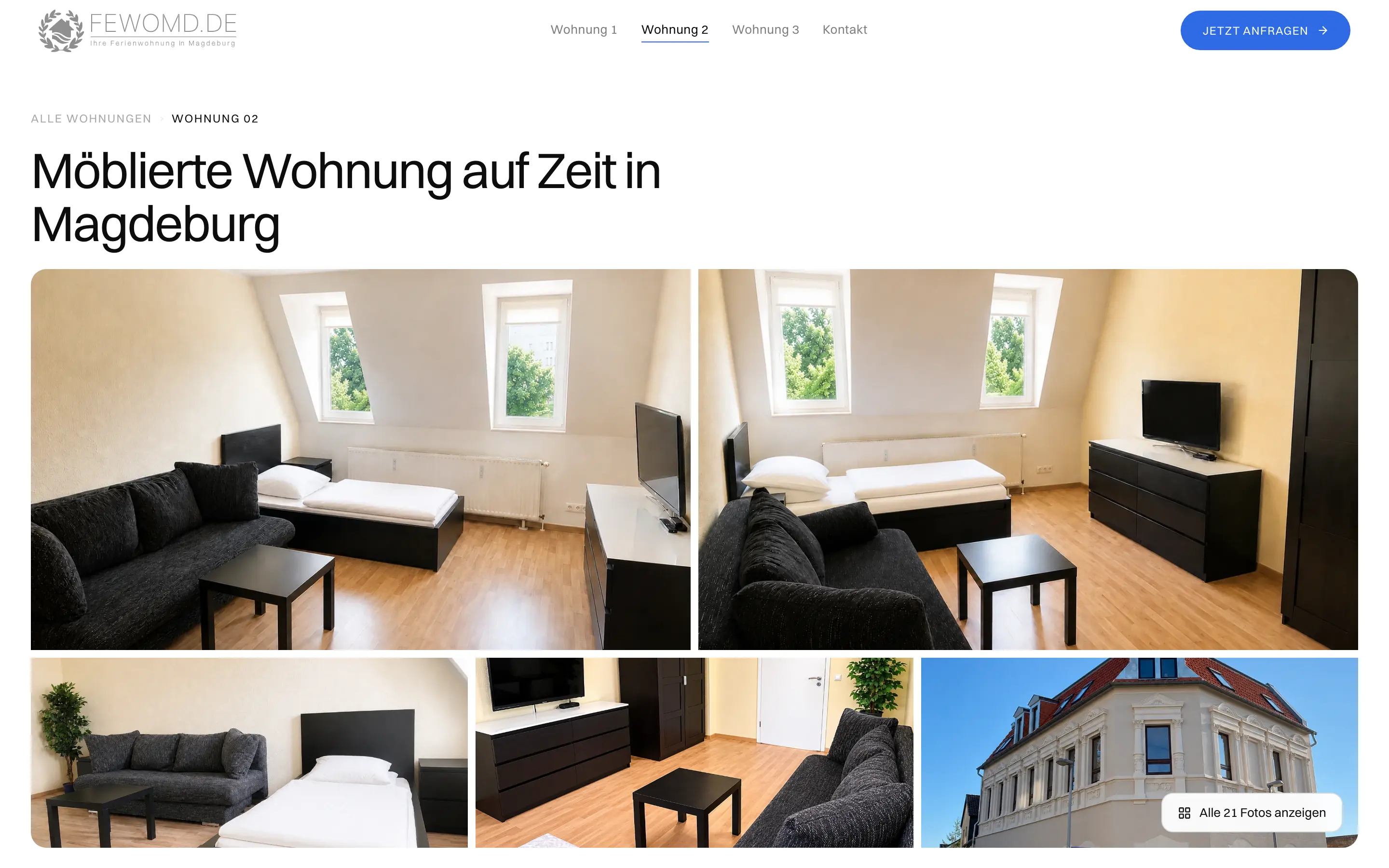 Seite zu Wohnung 2 von Fewo MD mit der Überschrift Möblierte Wohnung auf Zeit in Magdeburg und einer Galerie aus fünf Fotos