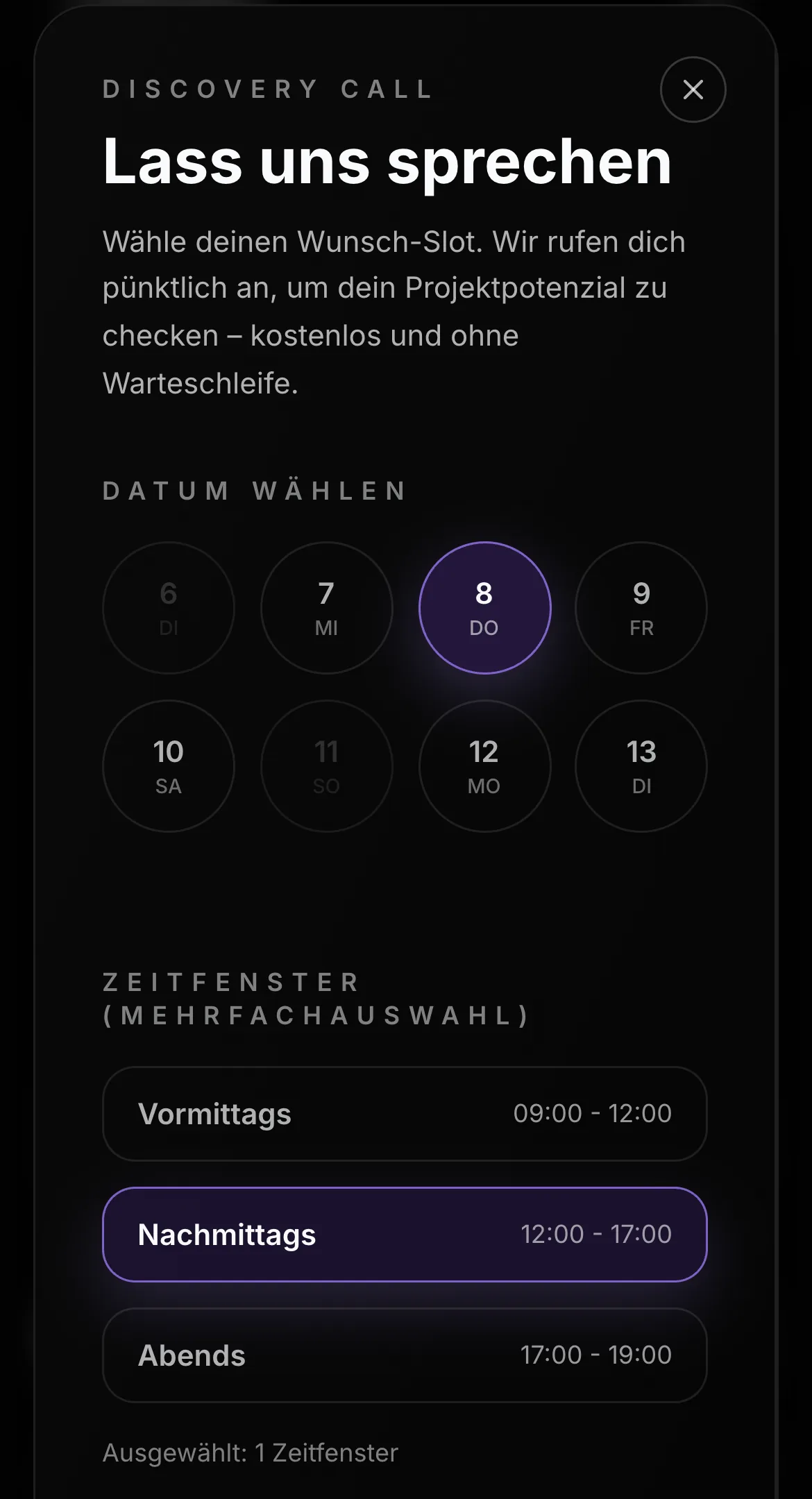 Fenster zur Terminbuchung von Finest Cuts auf dem Handy mit acht Tagen, von denen sechs wählbar sind, gewähltem Donnerstag und gewähltem Zeitfenster am Nachmittag