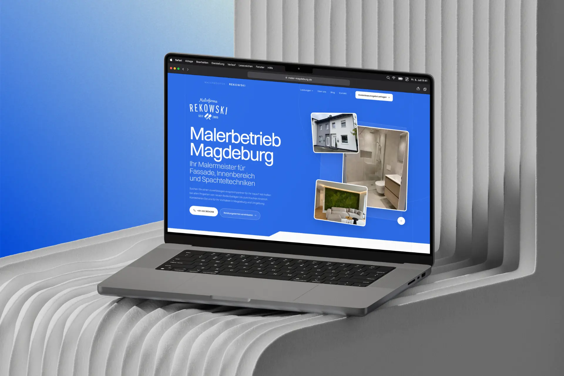 Startseite von Maler Rekowski mit dem Leitsatz Malerbetrieb Magdeburg auf einem Laptop