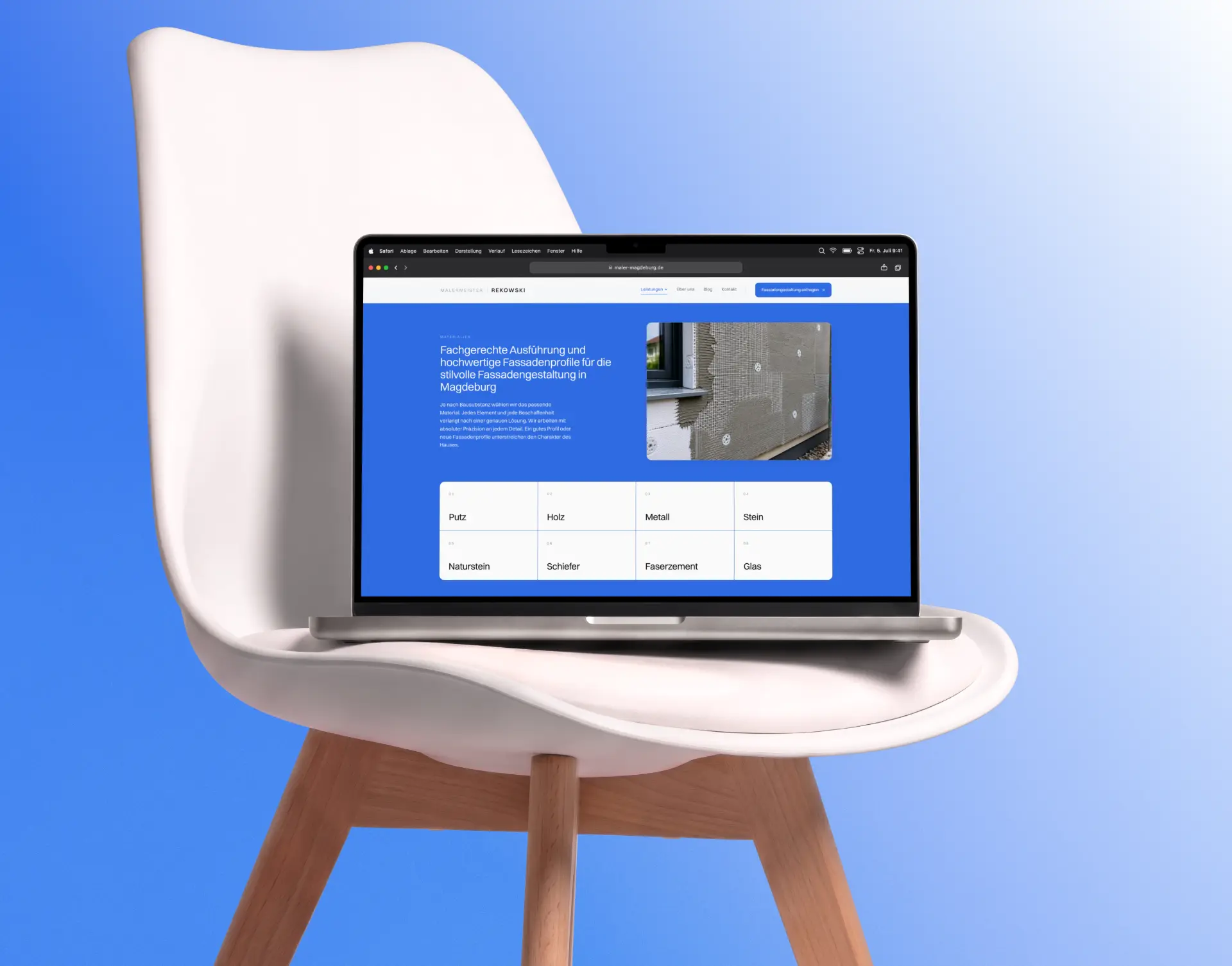 Seite zur Fassadengestaltung von Maler Rekowski mit den Materialien von Putz bis Glas auf einem Laptop