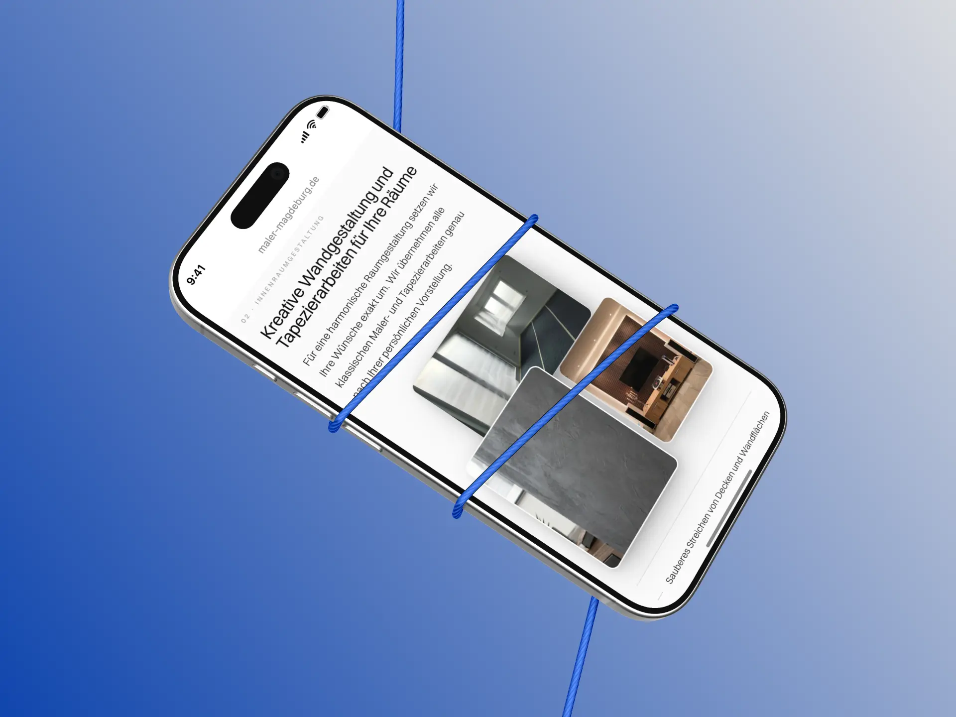 Abschnitt zu Wandgestaltung und Tapezierarbeiten von Maler Rekowski auf einem Smartphone an einem blauen Seil