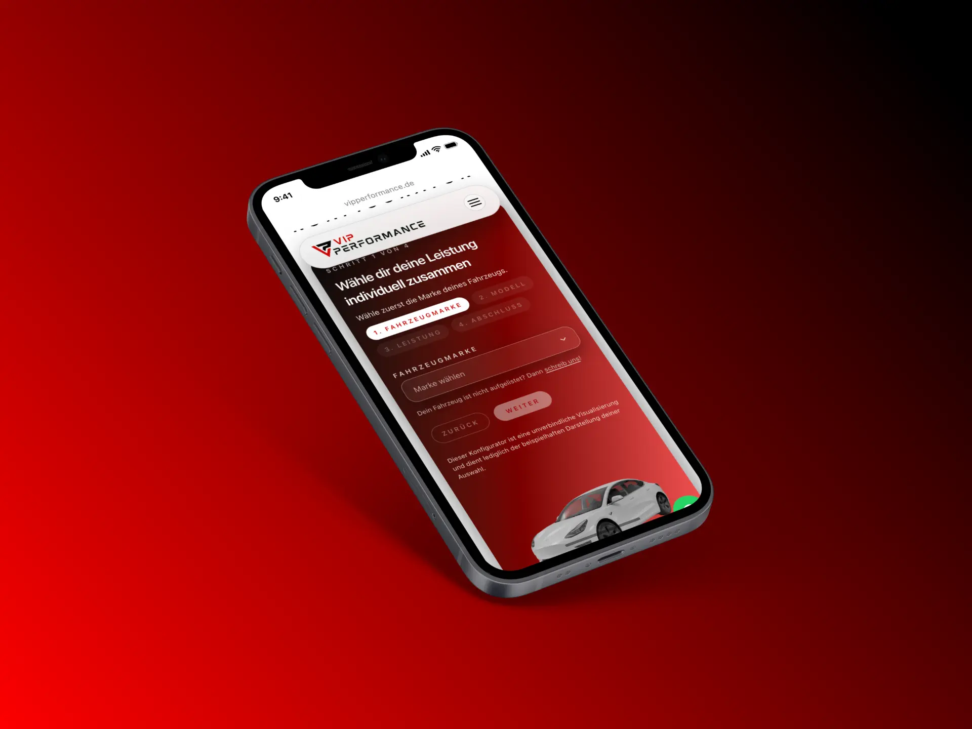Konfigurator von VIP Performance in der mobilen Ansicht auf einem Smartphone
