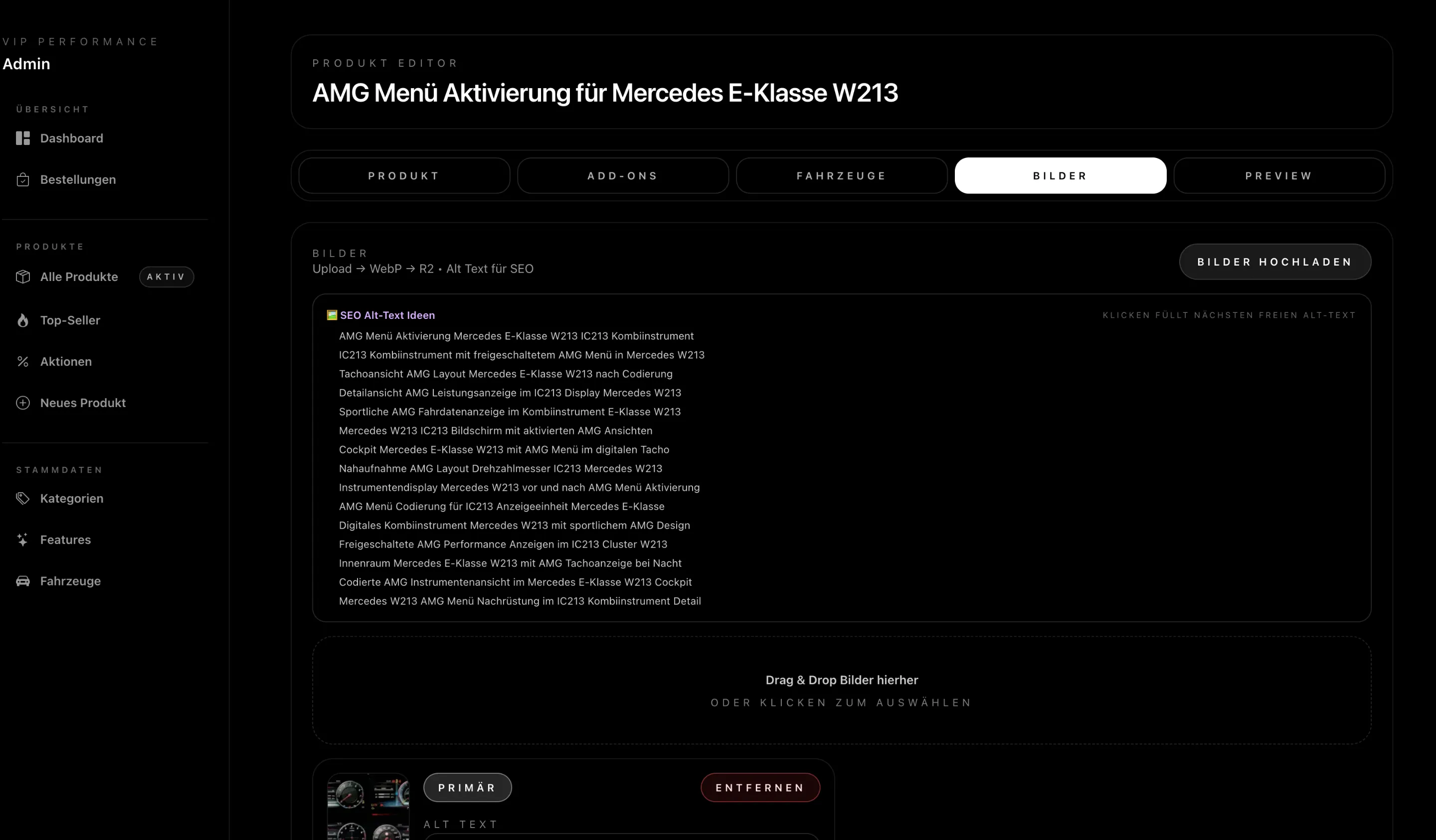 Produkt-Editor in der Verwaltung von VIP Performance mit Vorschlägen der KI für die Alt-Texte der Bilder