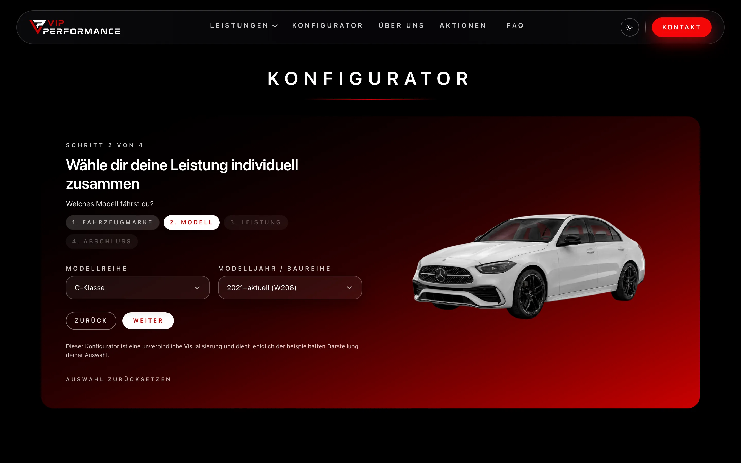Konfigurator von VIP Performance im zweiten von vier Schritten mit gewählter Modellreihe und Baureihe und einer Vorschau des Fahrzeugs