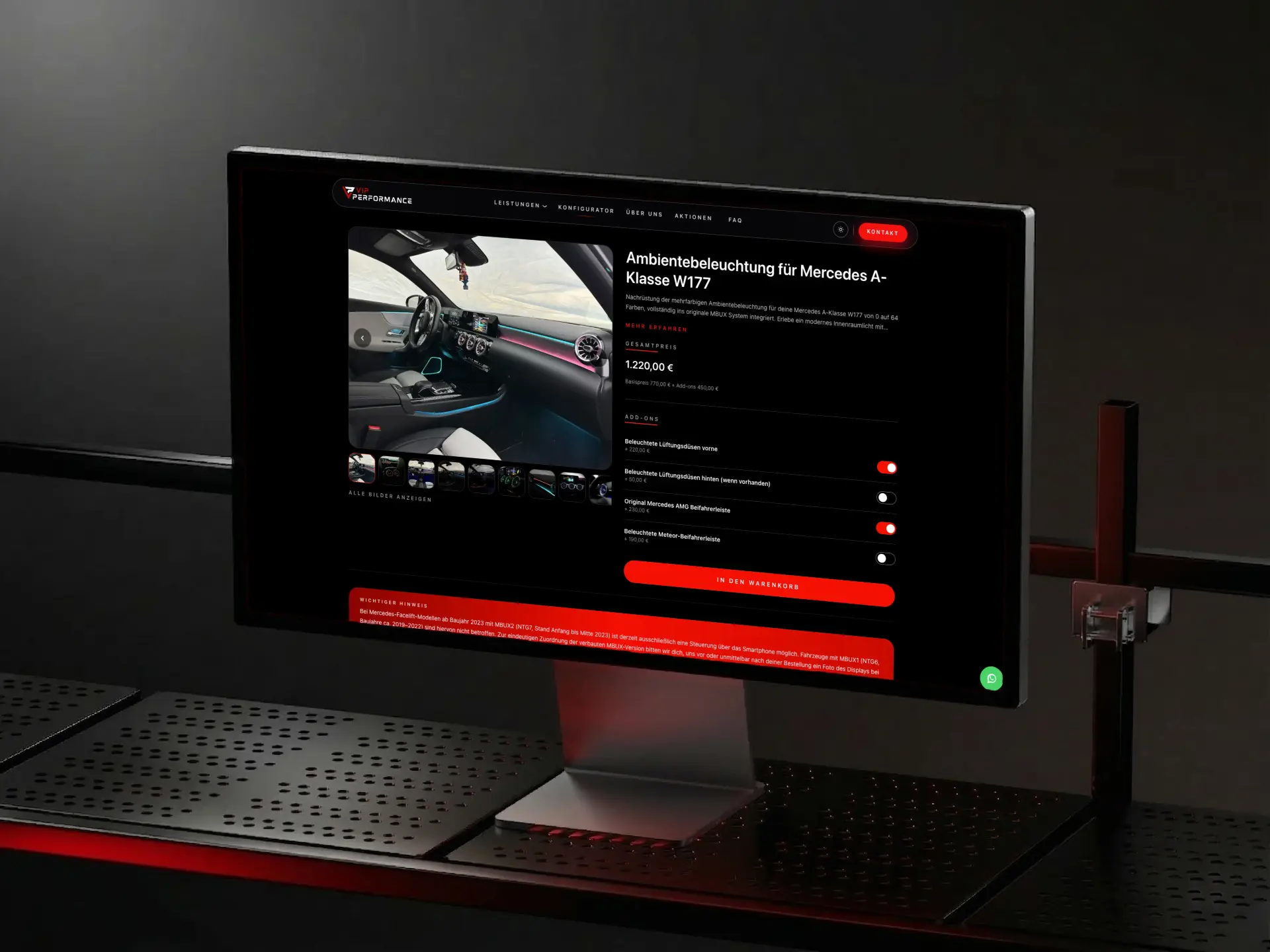Produktseite des Onlineshops von VIP Performance mit Zusatzoptionen auf einem Monitor
