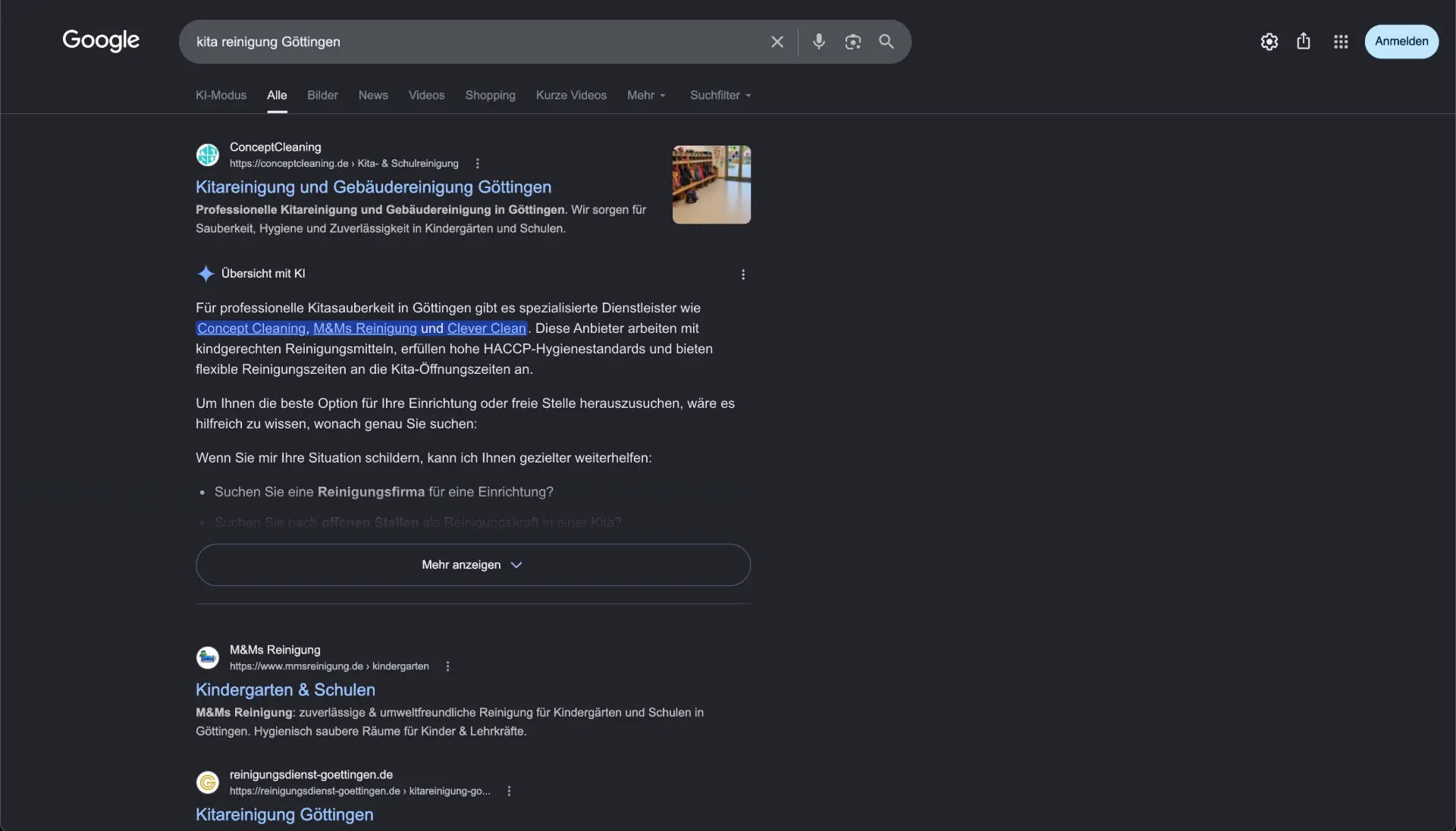 Google-Suche nach kita reinigung Göttingen: Concept Cleaning steht auf dem ersten Platz, die Übersicht mit KI nennt den Betrieb namentlich