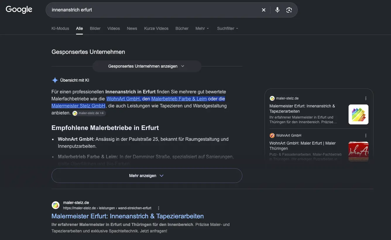 Google-Suche nach Innenanstrich Erfurt: Die Übersicht mit KI nennt Maler Stelz und zeigt seine Website als erste Quelle, darunter steht sie auf dem ersten organischen Platz