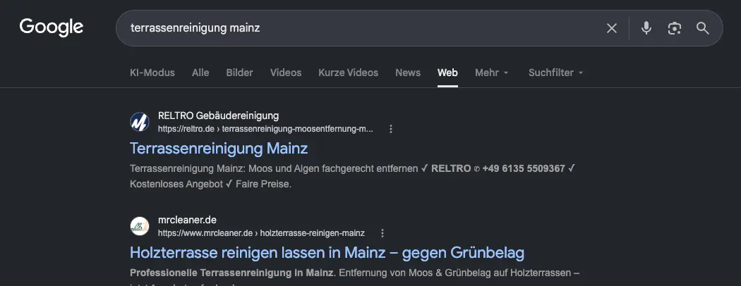 Google-Suche nach Terrassenreinigung Mainz: Die Website von Reltro steht auf dem ersten Platz der Webergebnisse