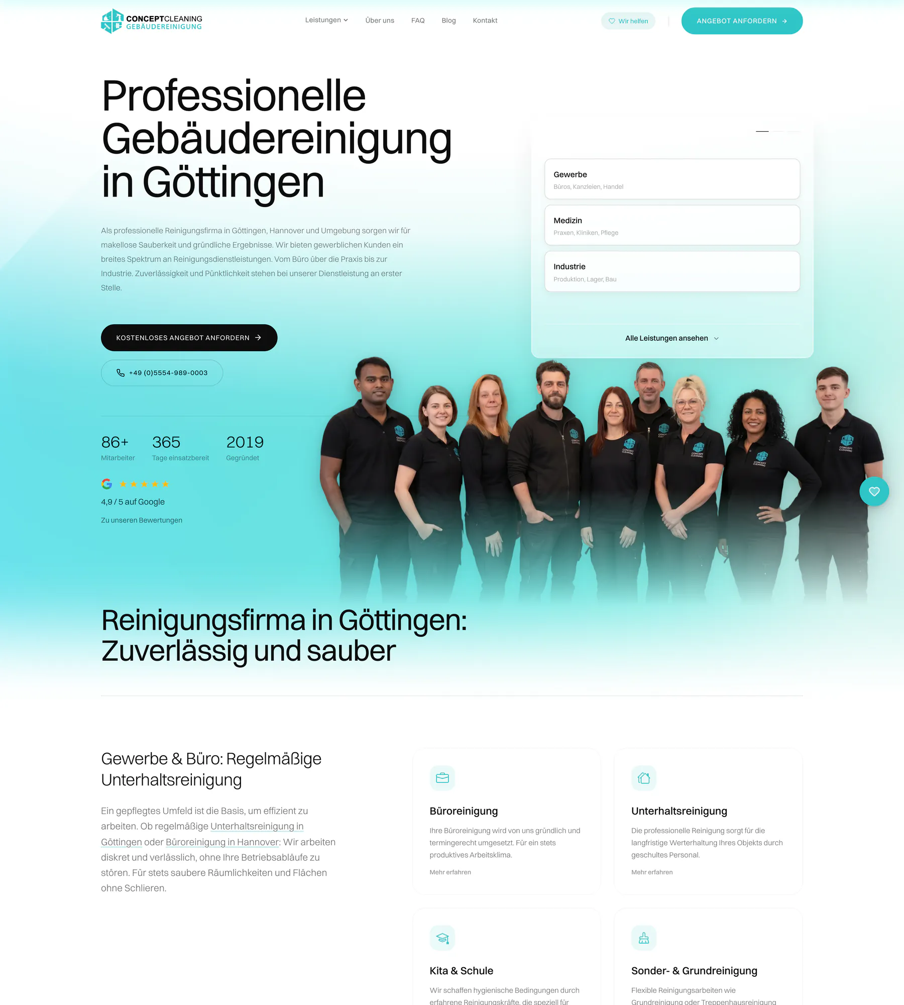 Oberer Teil der neuen Startseite von Concept Cleaning mit dem Titel Professionelle Gebäudereinigung in Göttingen, dem Team vor türkisem Verlauf und den Leistungen für Gewerbe und Büro