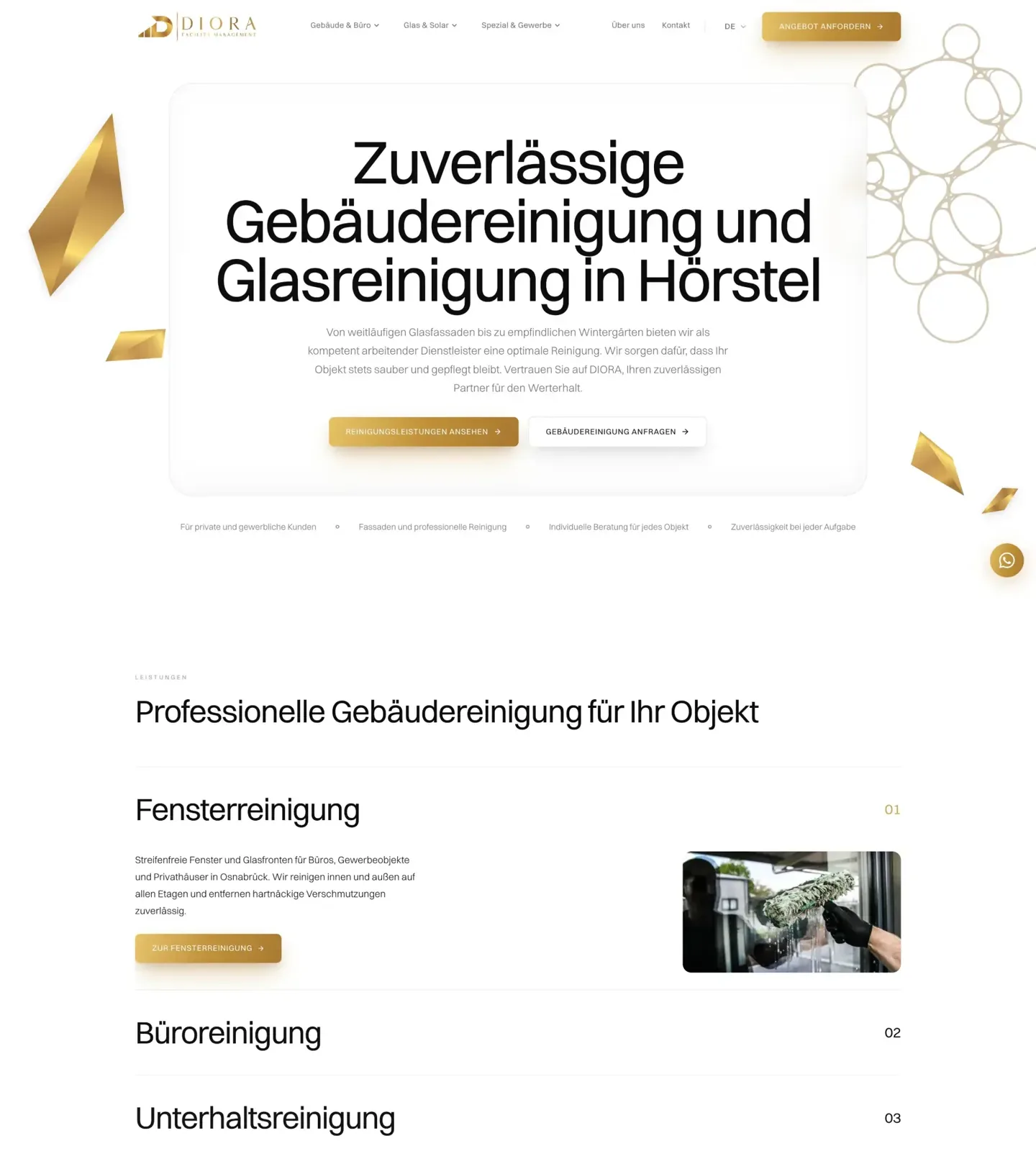 Oberer Teil der neuen Startseite von Diora Facility Management mit dem Titel zur Gebäudereinigung und Glasreinigung in Hörstel und den ersten Leistungen darunter