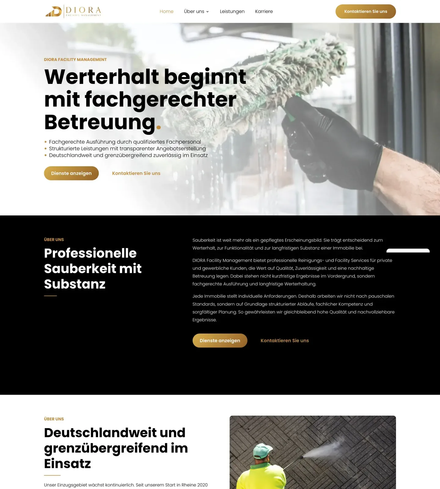 Oberer Teil der alten Startseite von Diora Facility Management mit dem Titel Werterhalt beginnt mit fachgerechter Betreuung und einem schwarzen Abschnitt über das Unternehmen