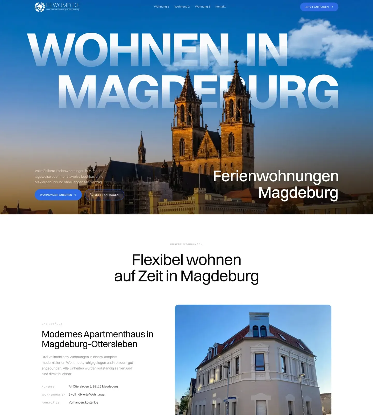 Oberer Teil der neuen Website von Fewo MD mit dem Schriftzug Wohnen in Magdeburg über dem Dom und dem Apartmenthaus darunter