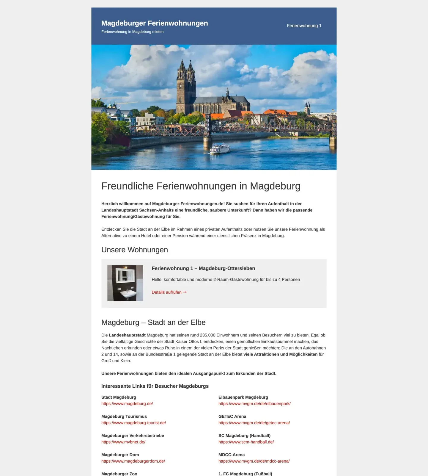 Oberer Teil der alten Website von Fewo MD mit einem Bild der Stadt, einer schmalen Textspalte und Listen mit Links