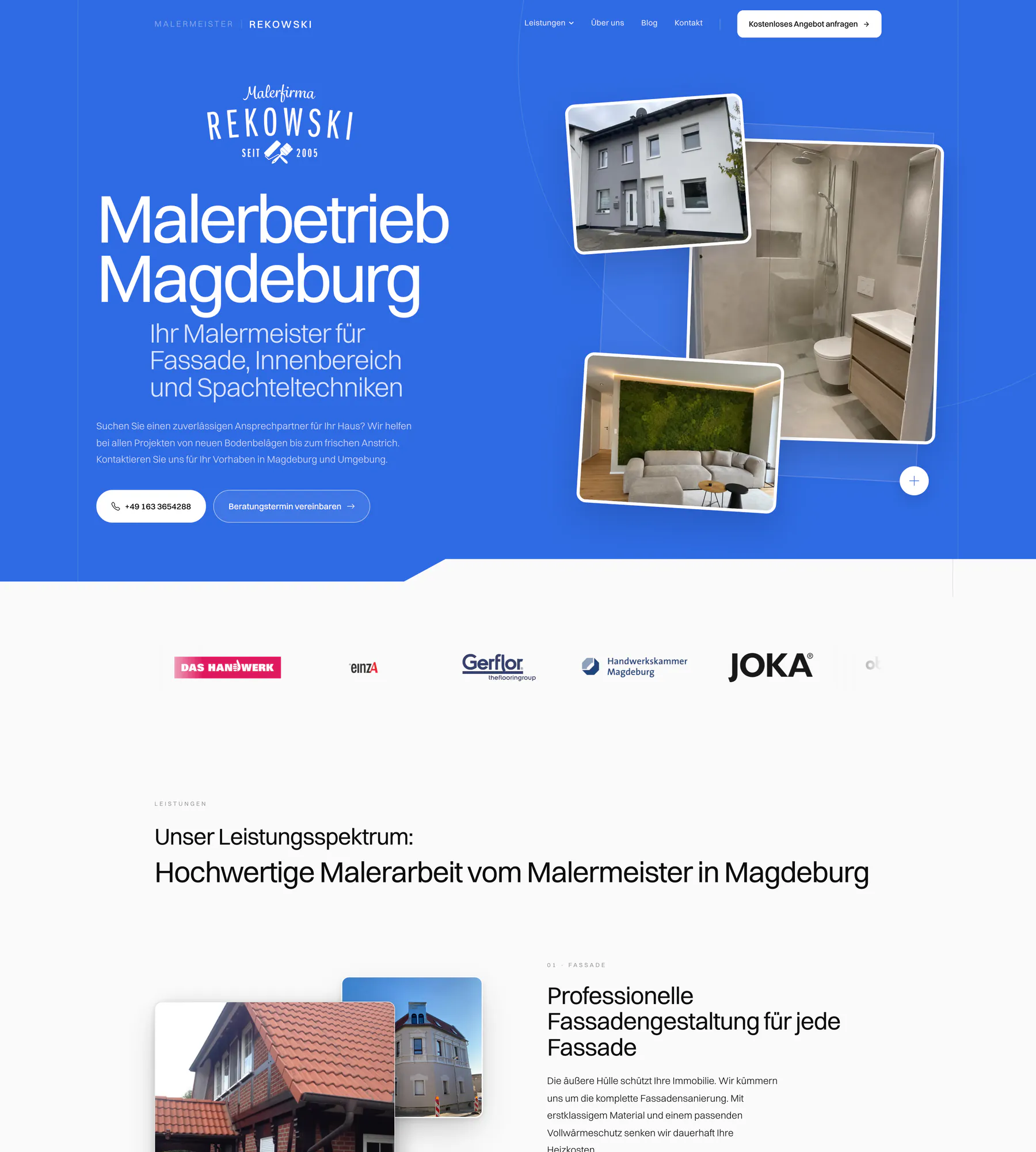 Oberer Teil der neuen Startseite von Maler Rekowski mit dem Titel Malerbetrieb Magdeburg auf blauem Grund, Fotos von Fassade, Bad und Wohnraum und dem Abschnitt zu den Leistungen