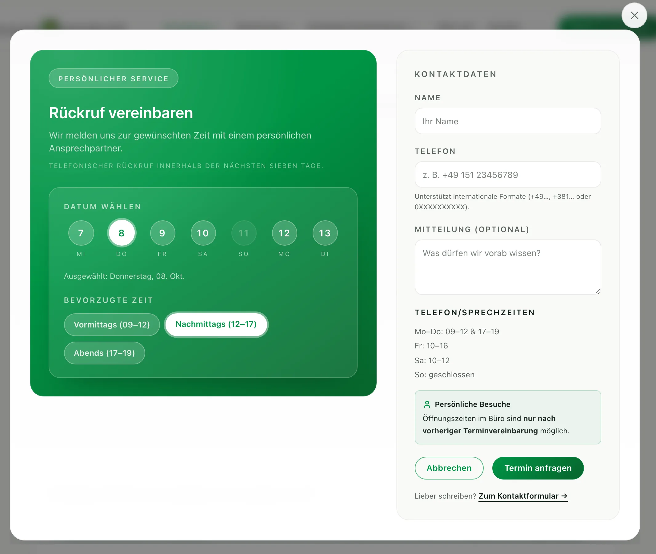 Fenster zum Vereinbaren eines Rückrufs bei Uhlmann Immobilien mit gewähltem Tag, gewähltem Zeitfenster am Nachmittag und Feldern für Name, Telefon und Mitteilung