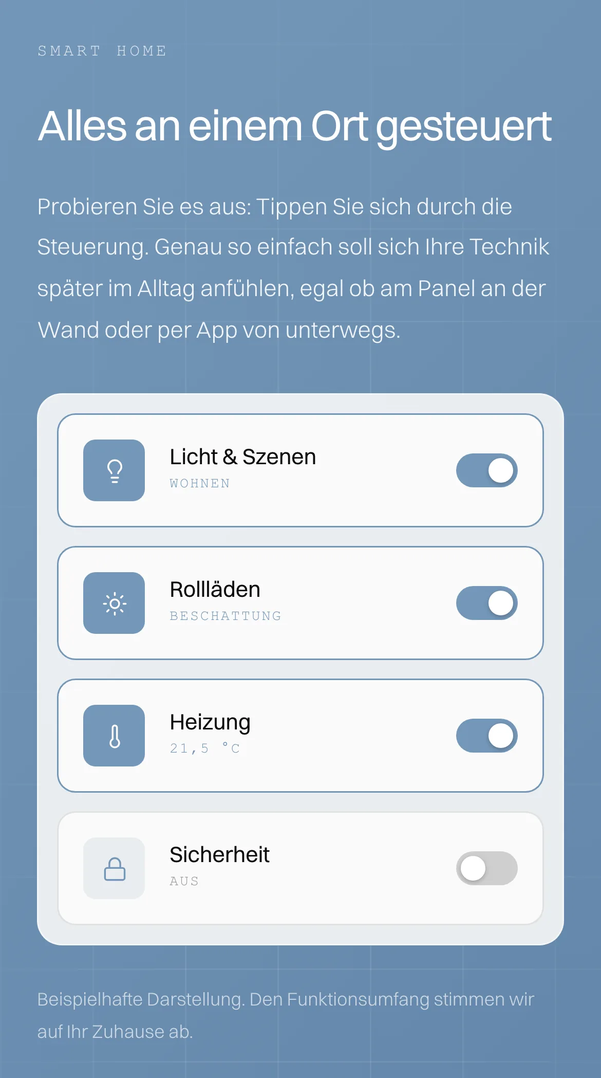 Seite Elektrik von Grabo Sanierung in der mobilen Ansicht mit vier Schaltern für Licht, Rollläden, Heizung und Sicherheit