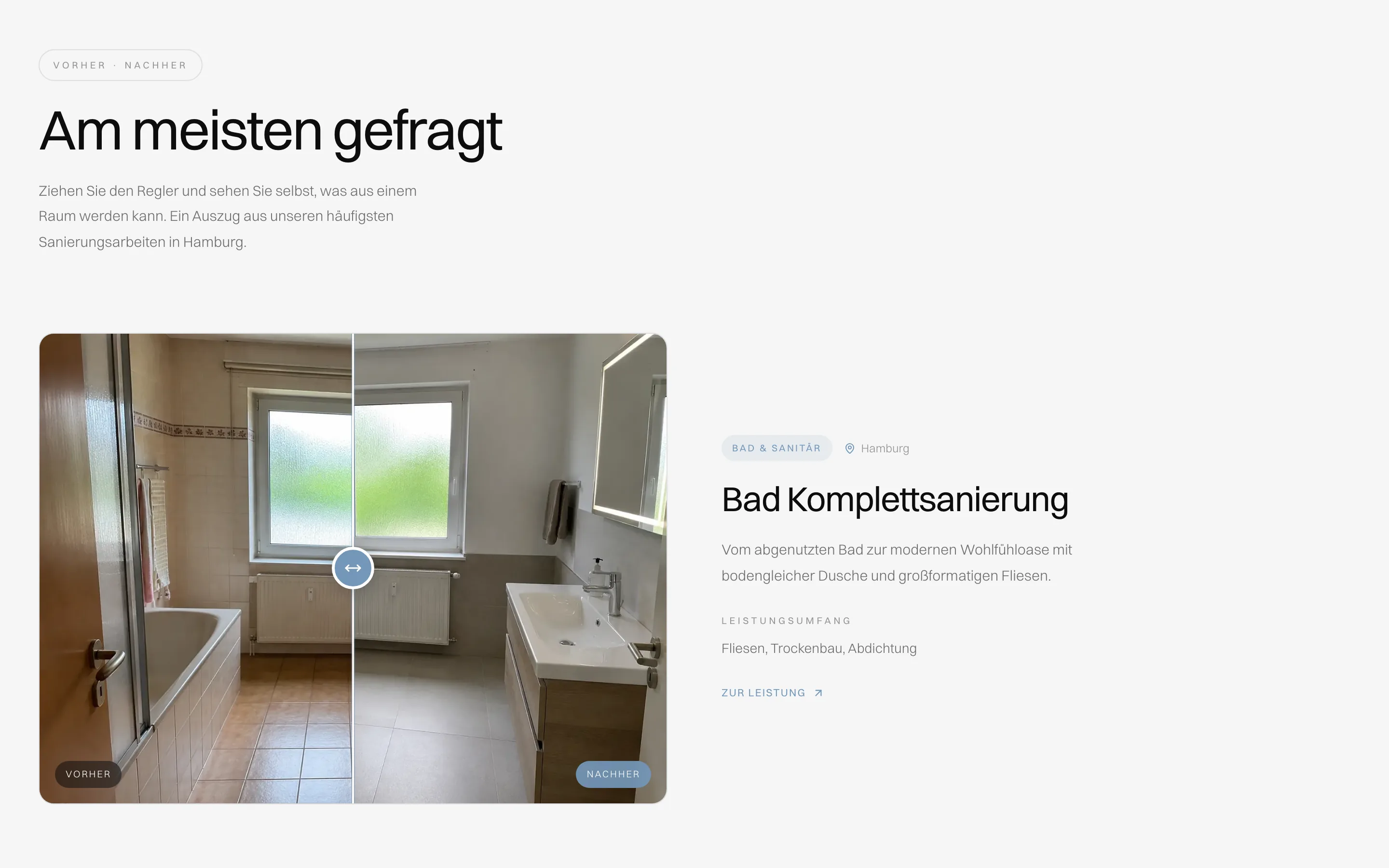 Vorher-Nachher-Regler auf der Startseite von Grabo Sanierung an der Komplettsanierung eines Bads, daneben die Beschreibung mit dem Leistungsumfang