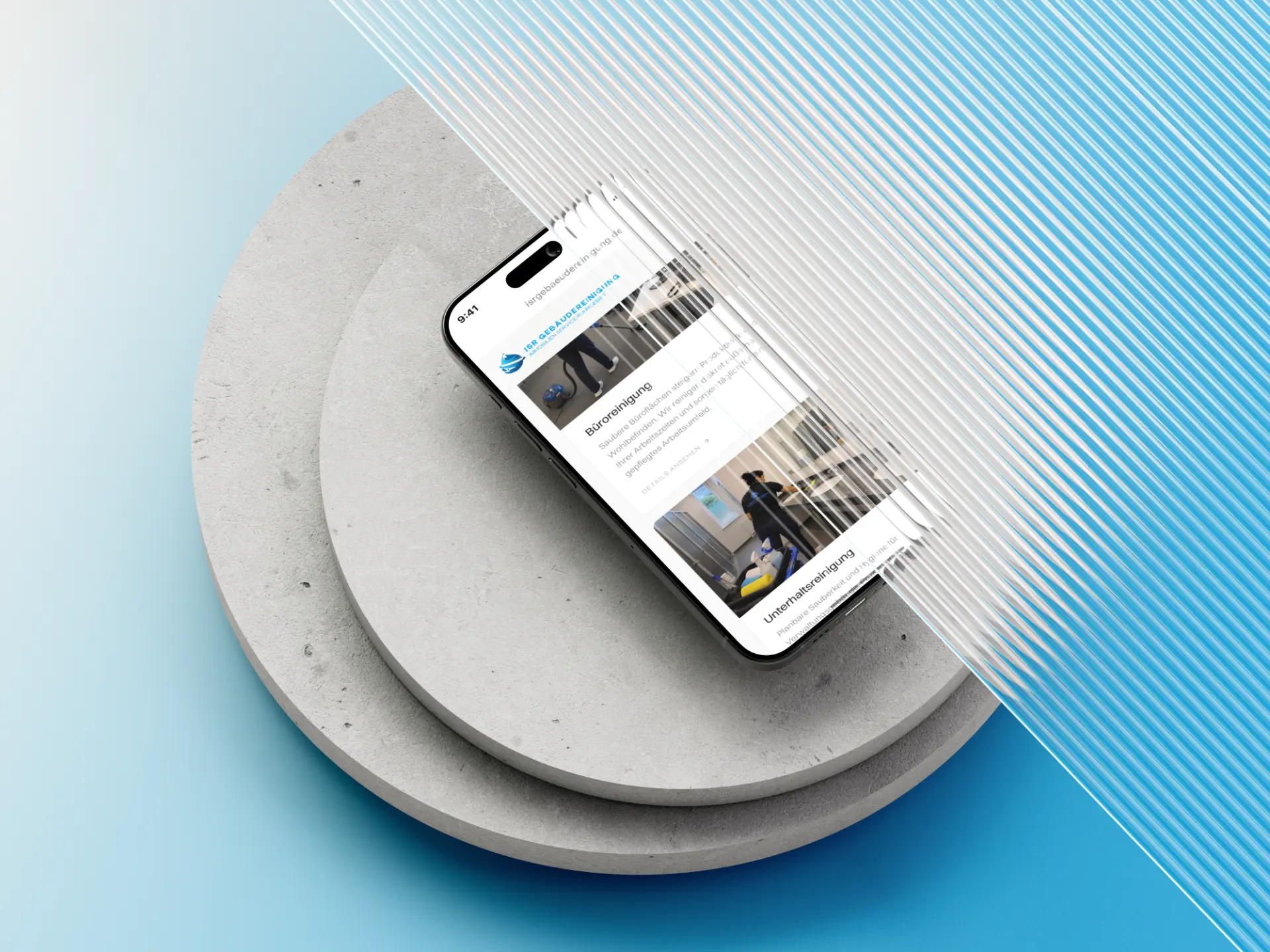 Leistungen Büroreinigung und Unterhaltsreinigung von ISR Gebäudereinigung auf einem Smartphone auf runden Betonplatten