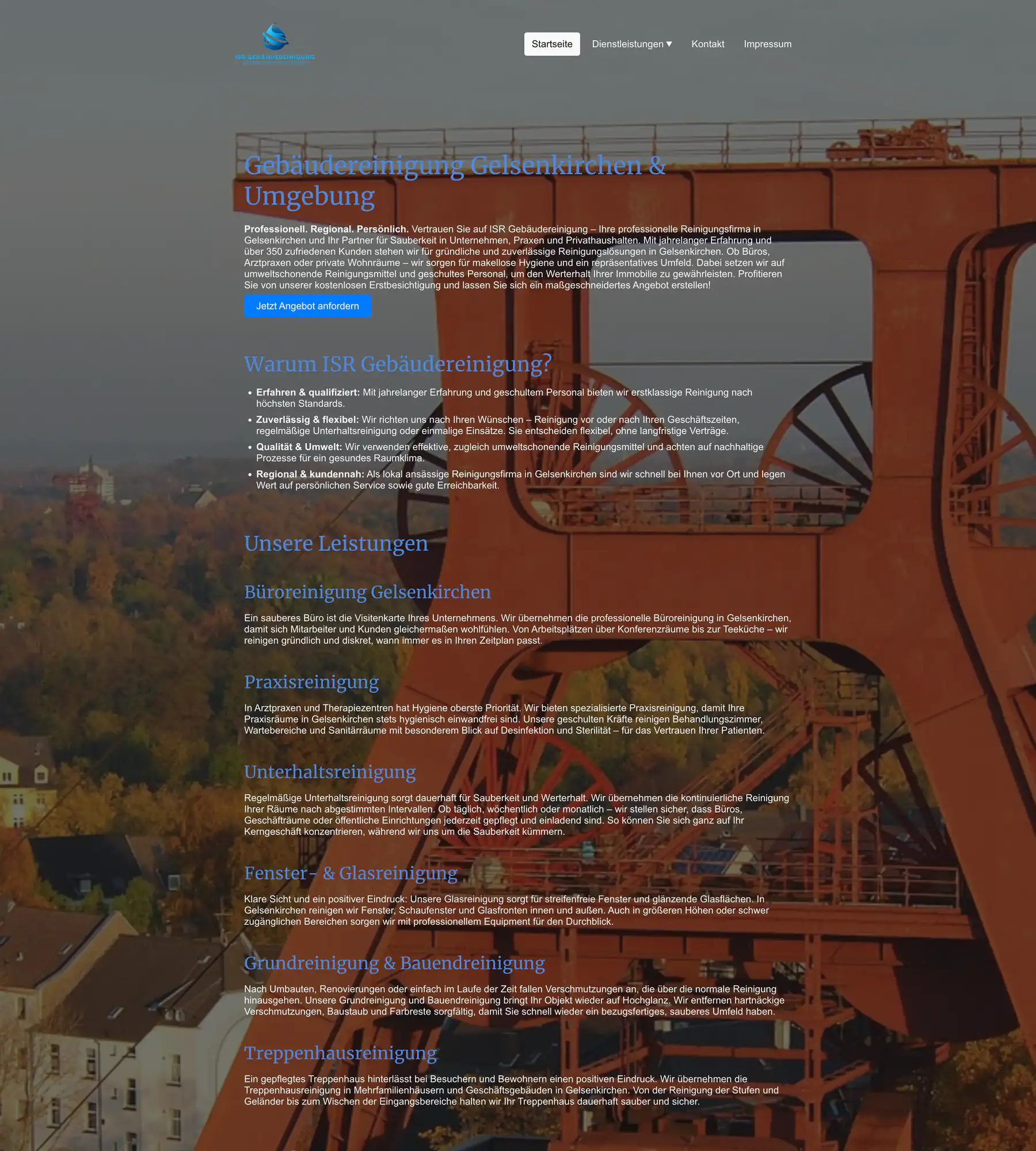 Oberer Teil der alten Startseite von ISR Gebäudereinigung mit blauen Überschriften und langen Absätzen auf dem abgedunkelten Foto eines Förderturms