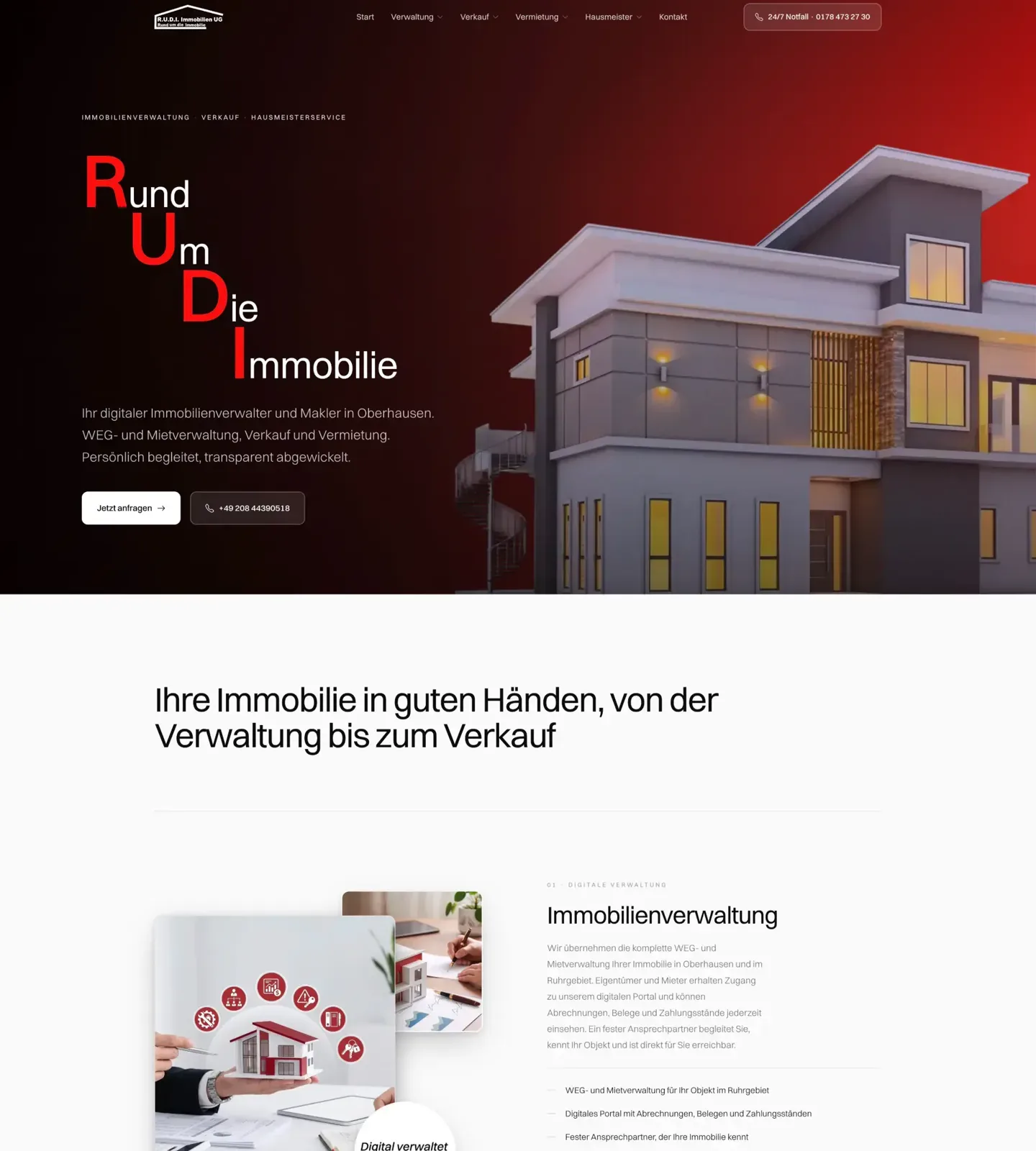 Oberer Teil der neuen Startseite von Rudi Immobilien mit dem Leitsatz Rund um die Immobilie und dem Abschnitt zur Immobilienverwaltung