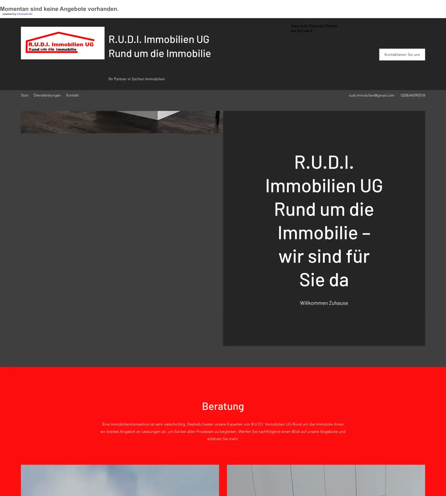 Oberer Teil der alten Startseite von Rudi Immobilien mit einem grauen Willkommensfeld und einem roten Abschnitt zur Beratung